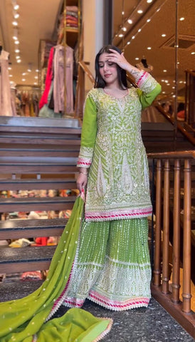 Party Wear Green Color Georgette Sequence Embroidery Work Ready Made Salwar Suit