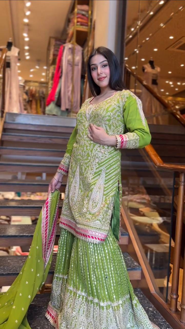 Party Wear Green Color Georgette Sequence Embroidery Work Ready Made Salwar Suit