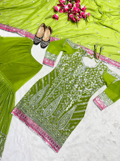 Party Wear Green Color Georgette Sequence Embroidery Work Ready Made Salwar Suit