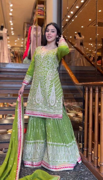 Party Wear Green Color Georgette Sequence Embroidery Work Ready Made Salwar Suit