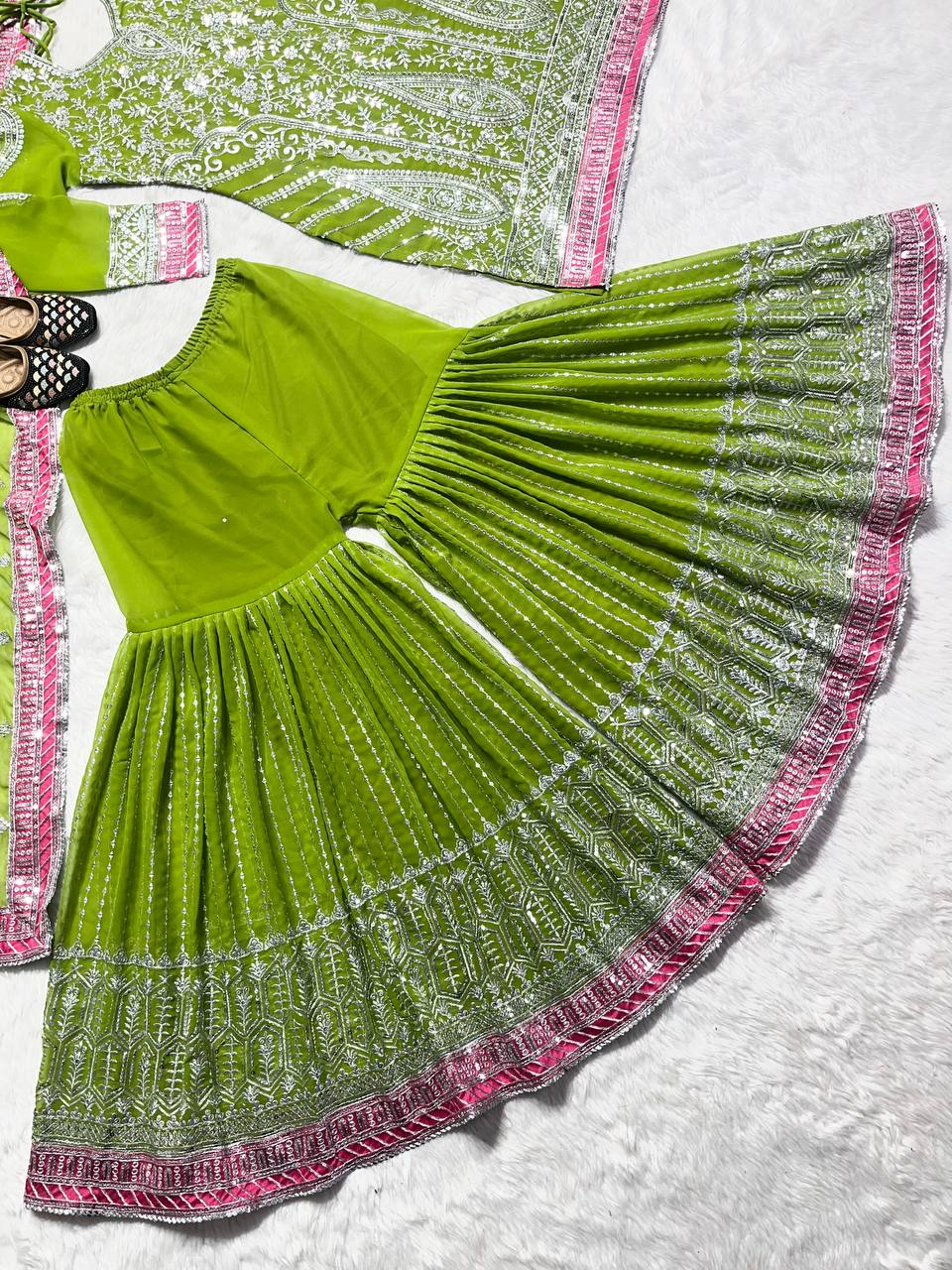 Party Wear Green Color Georgette Sequence Embroidery Work Ready Made Salwar Suit