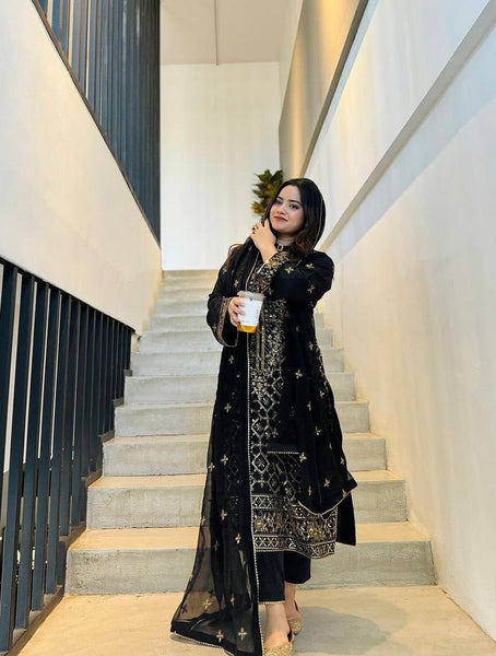 Unique Black Color Ready Made Georgette Sequence Work Salwar Suit