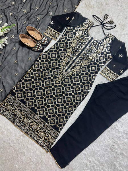 Unique Black Color Ready Made Georgette Sequence Work Salwar Suit