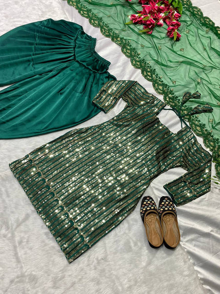 Unique Green Color Malay Silk Sequence Embroidered Work Dhoti Salwar Suit
