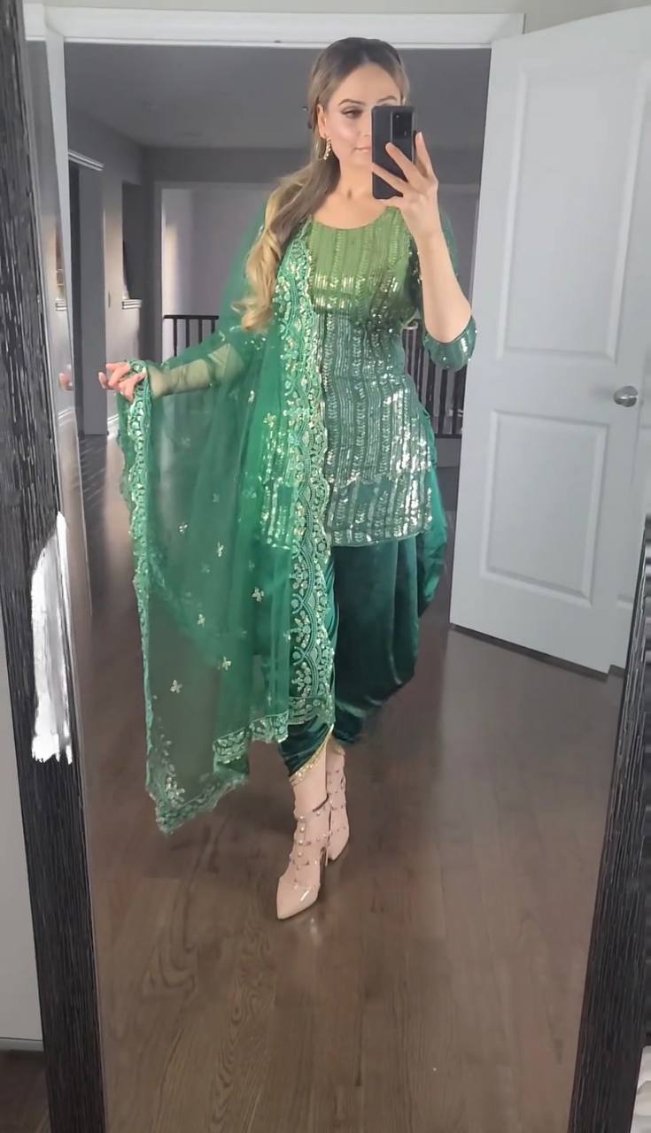 Unique Green Color Malay Silk Sequence Embroidered Work Dhoti Salwar Suit