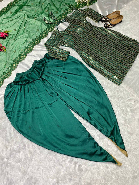 Unique Green Color Malay Silk Sequence Embroidered Work Dhoti Salwar Suit