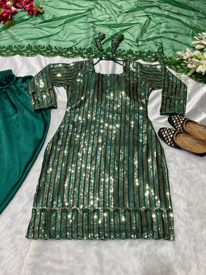 Unique Green Color Malay Silk Sequence Embroidered Work Dhoti Salwar Suit