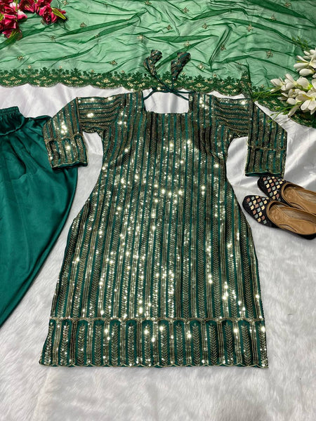 Unique Green Color Malay Silk Sequence Embroidered Work Dhoti Salwar Suit