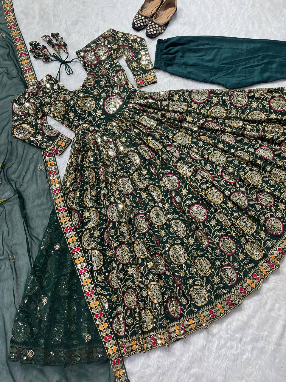Fabulous Green Color Georgette Sequence Embroidered Work Ready Made Salwar Suit