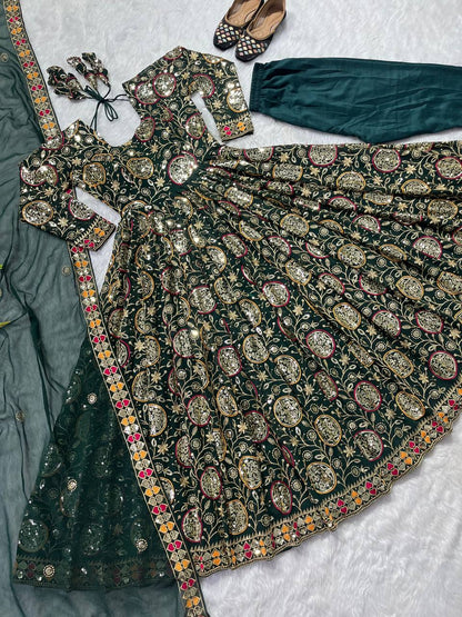 Fabulous Green Color Georgette Sequence Embroidered Work Ready Made Salwar Suit