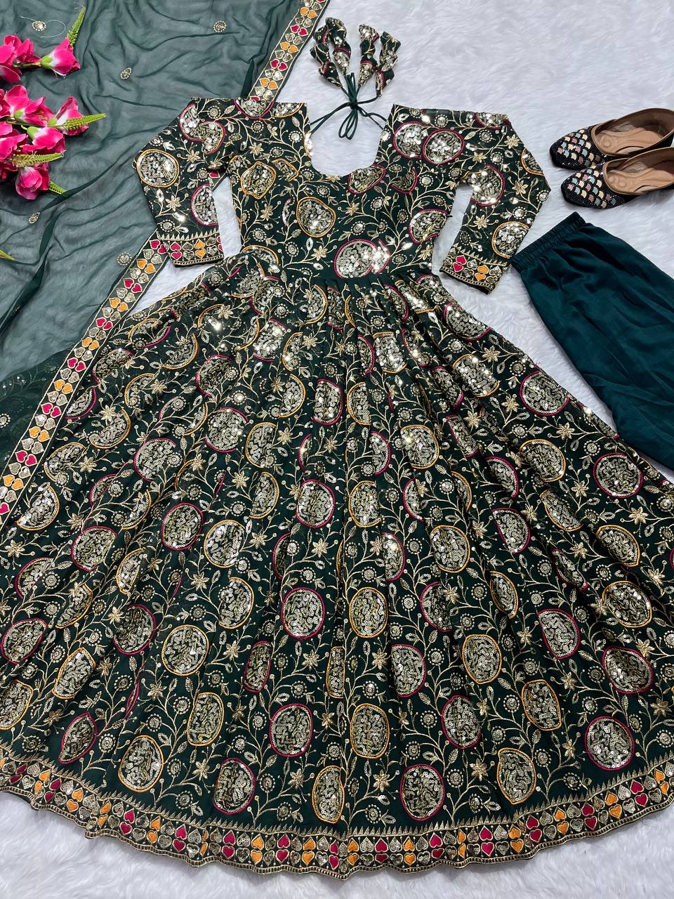 Fabulous Green Color Georgette Sequence Embroidered Work Ready Made Salwar Suit
