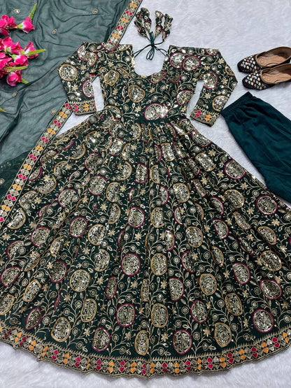 Fabulous Green Color Georgette Sequence Embroidered Work Ready Made Salwar Suit