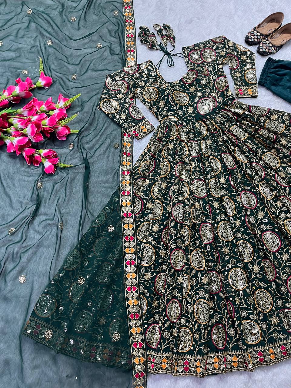 Fabulous Green Color Georgette Sequence Embroidered Work Ready Made Salwar Suit