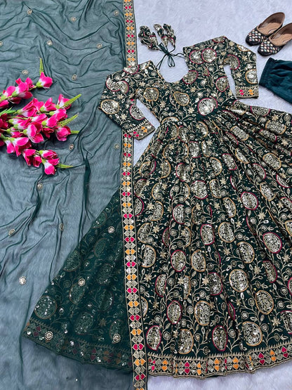 Fabulous Green Color Georgette Sequence Embroidered Work Ready Made Salwar Suit