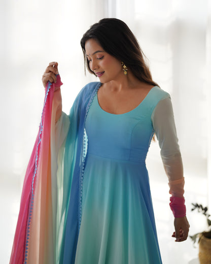 Delightful Blue Color Georgette Anarkali Ready Made Salwar Suit