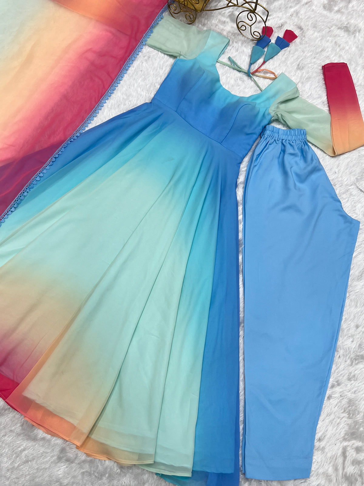 Delightful Blue Color Georgette Anarkali Ready Made Salwar Suit