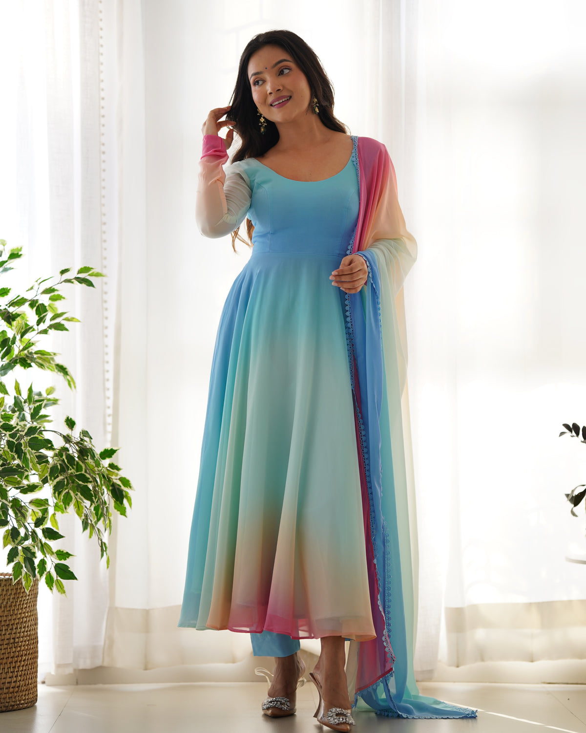 Delightful Blue Color Georgette Anarkali Ready Made Salwar Suit