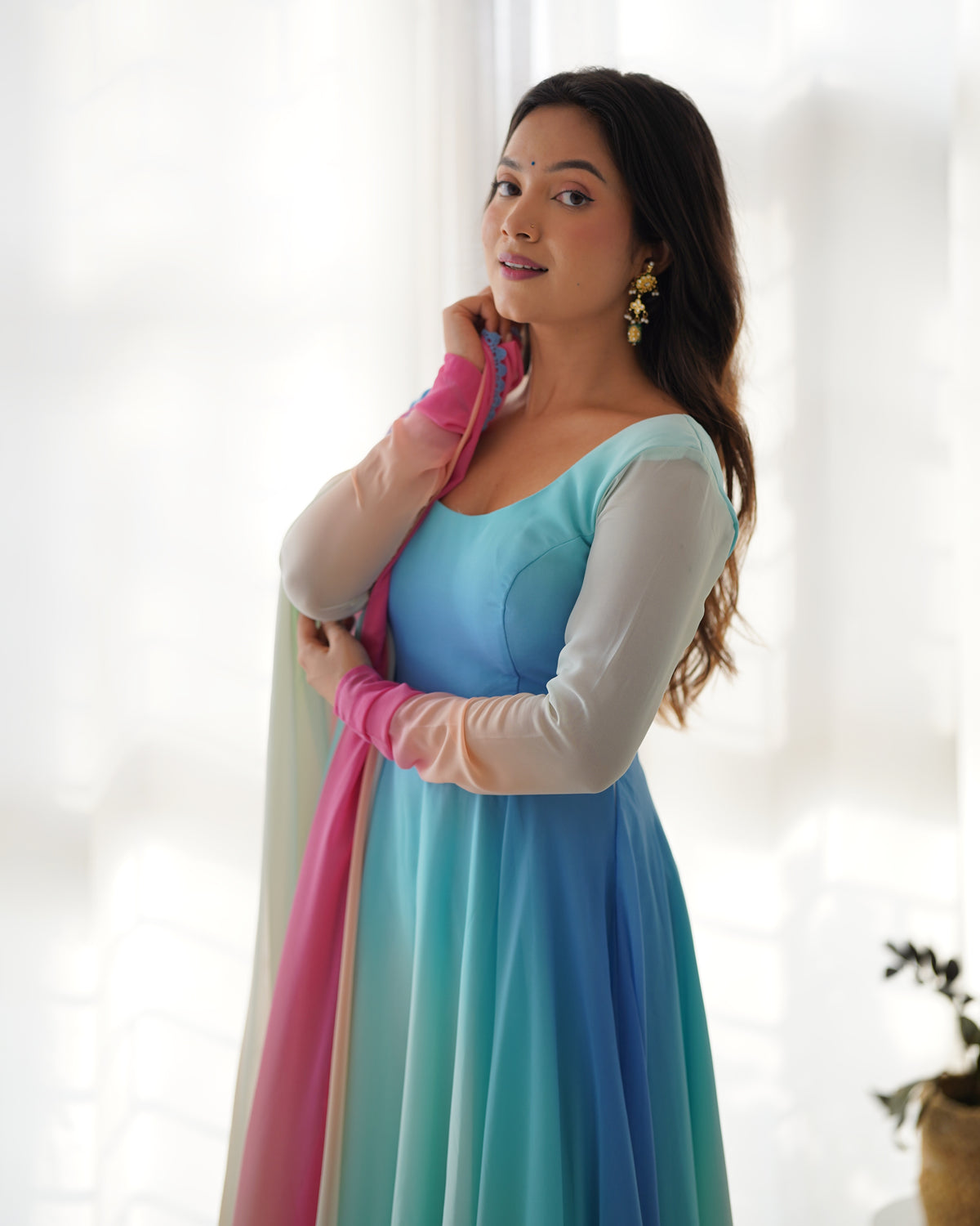 Delightful Blue Color Georgette Anarkali Ready Made Salwar Suit