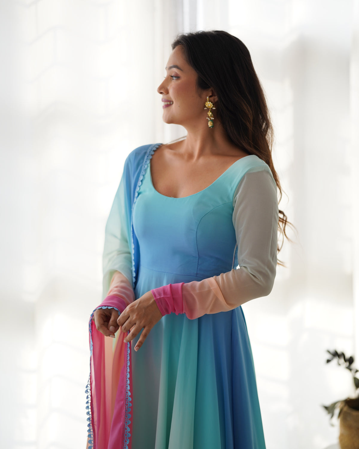 Delightful Blue Color Georgette Anarkali Ready Made Salwar Suit