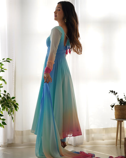 Delightful Blue Color Georgette Anarkali Ready Made Salwar Suit
