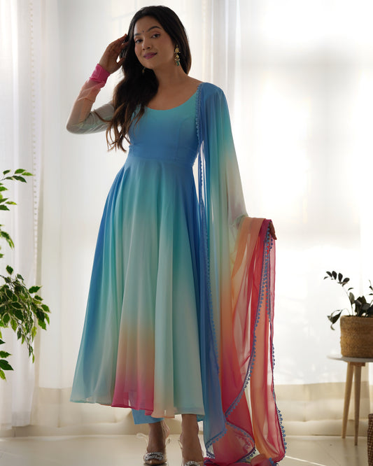 Delightful Blue Color Georgette Anarkali Ready Made Salwar Suit