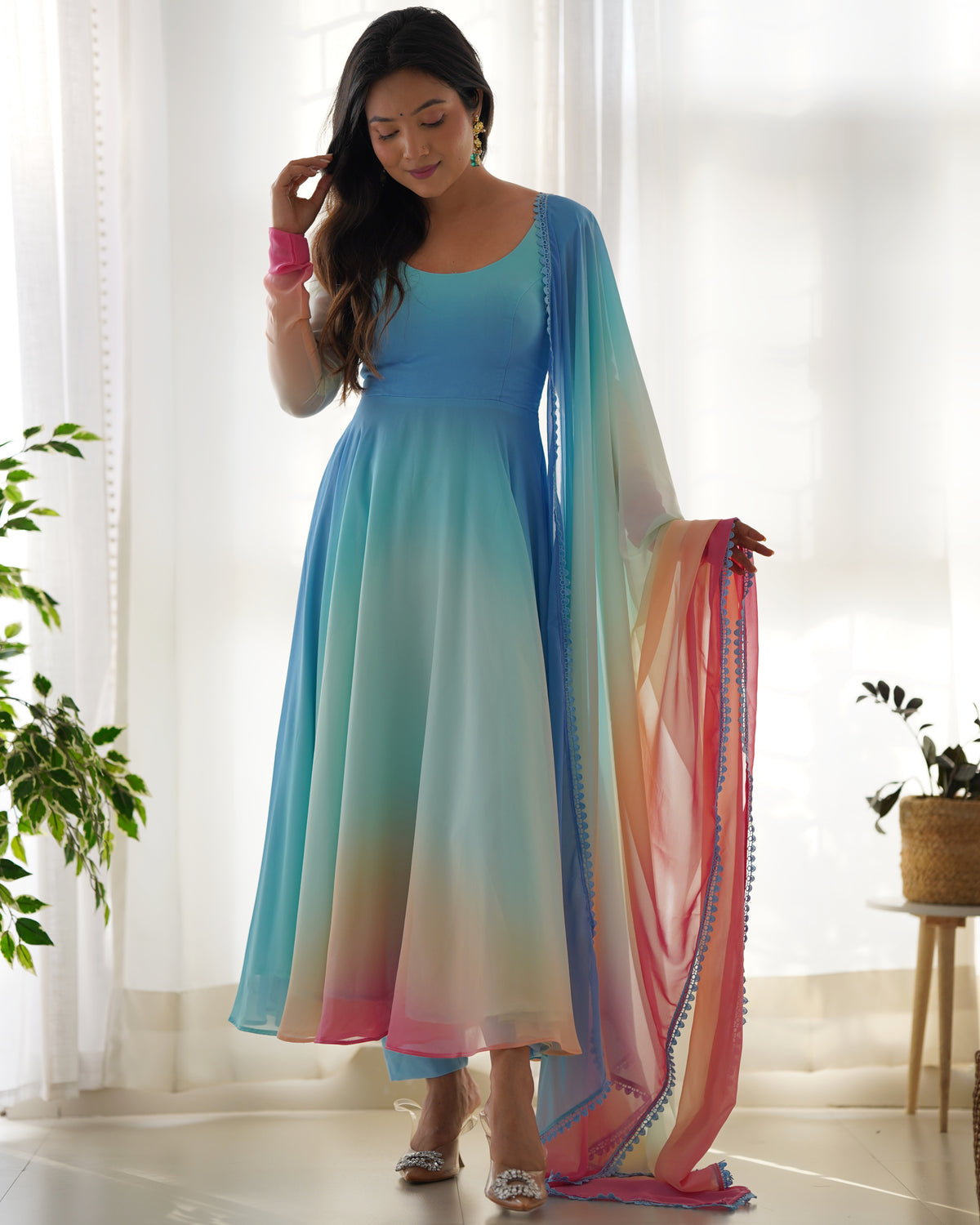 Delightful Blue Color Georgette Anarkali Ready Made Salwar Suit