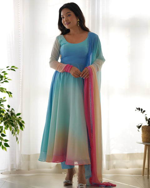 Delightful Blue Color Georgette Anarkali Ready Made Salwar Suit