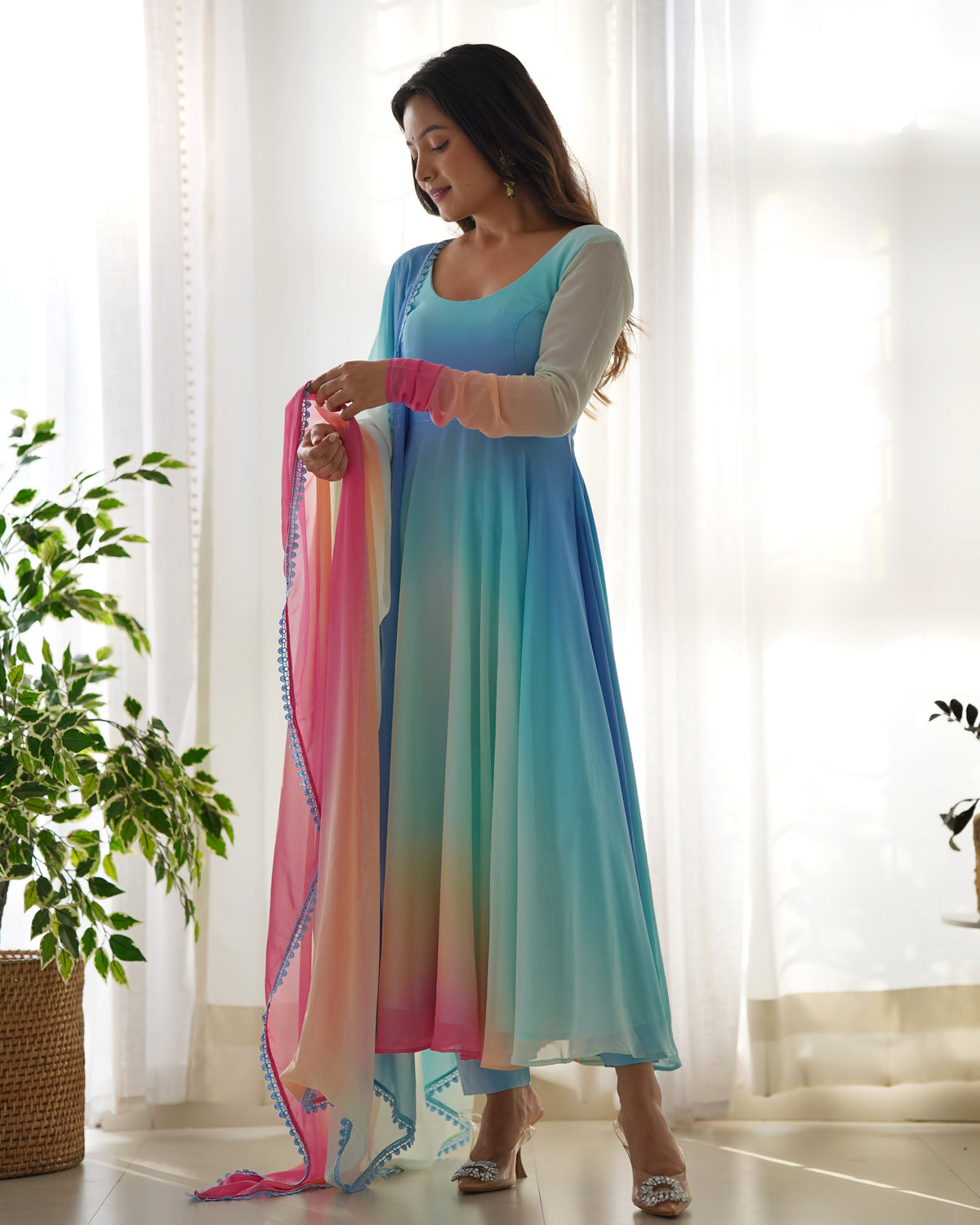 Delightful Blue Color Georgette Anarkali Ready Made Salwar Suit
