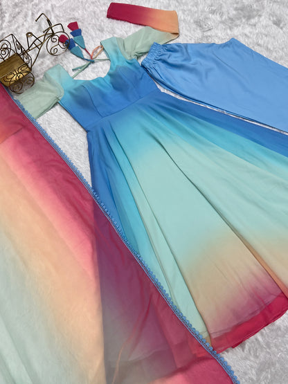 Delightful Blue Color Georgette Anarkali Ready Made Salwar Suit