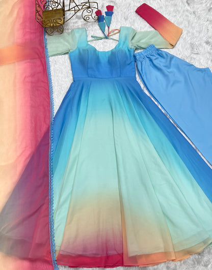 Delightful Blue Color Georgette Anarkali Ready Made Salwar Suit