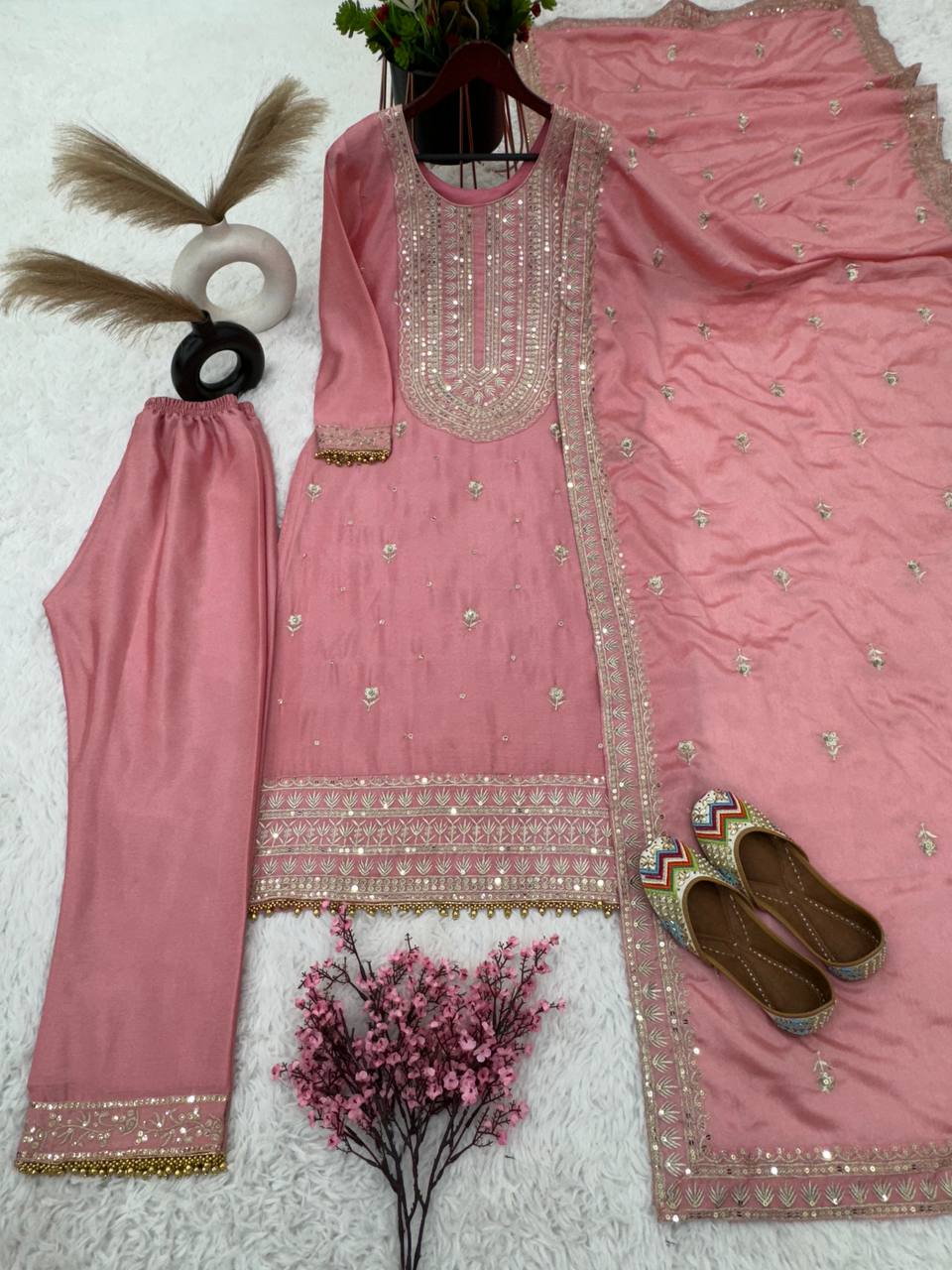Gorgeous Pink Color Chinon Silk Sequence Work Ready Made Salwar Suit