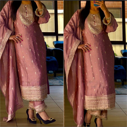 Gorgeous Pink Color Chinon Silk Sequence Work Ready Made Salwar Suit