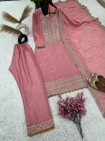 Gorgeous Pink Color Chinon Silk Sequence Work Ready Made Salwar Suit
