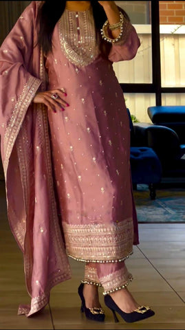 Gorgeous Pink Color Chinon Silk Sequence Work Ready Made Salwar Suit