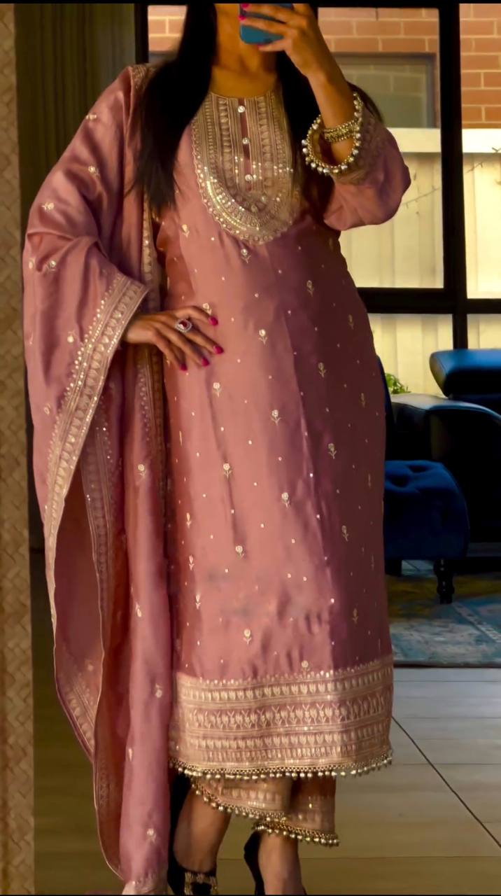 Gorgeous Pink Color Chinon Silk Sequence Work Ready Made Salwar Suit