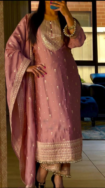 Gorgeous Pink Color Chinon Silk Sequence Work Ready Made Salwar Suit