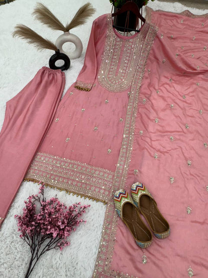 Gorgeous Pink Color Chinon Silk Sequence Work Ready Made Salwar Suit