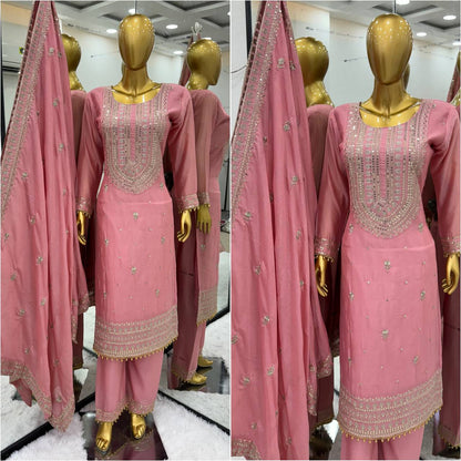 Gorgeous Pink Color Chinon Silk Sequence Work Ready Made Salwar Suit