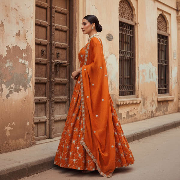 Orange Heavy Fendy Silk Anarkali Dress with Dupatta | Thread & Sequin Work | Sizes M to XXL