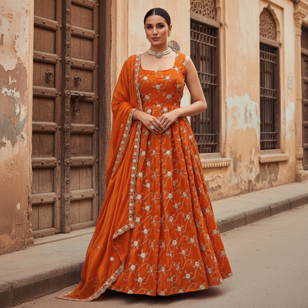 Orange Heavy Fendy Silk Anarkali Dress with Dupatta | Thread & Sequin Work | Sizes M to XXL