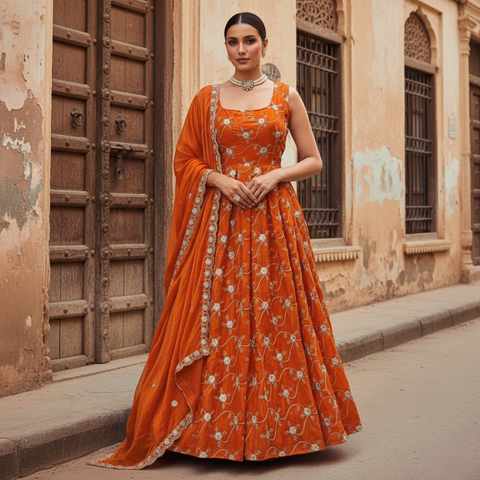 Orange Heavy Fendy Silk Anarkali Dress with Dupatta | Thread & Sequin Work | Sizes M to XXL