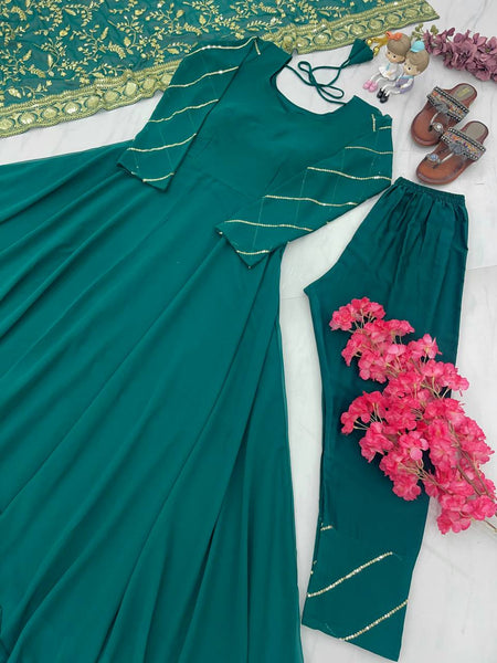 Green Long Anarkali Gown with Bottom and Embroidered Dupatta