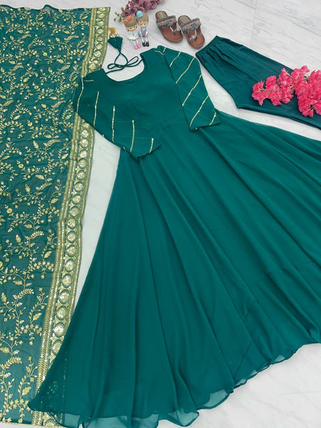 Green Long Anarkali Gown with Bottom and Embroidered Dupatta