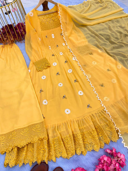 Designer Party Wear Look Yellow color Gown With Palazzo & Dupatta Set