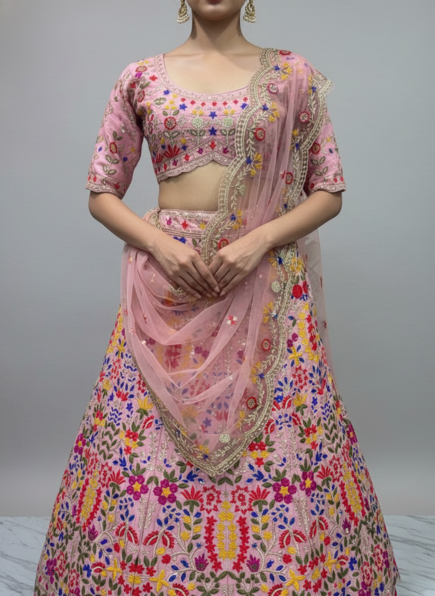 Premium Faux Georgette Embroidered Lehenga Choli With Sequins Work, Heavy Cancan & Net Dupatta – Wedding & Party Wear