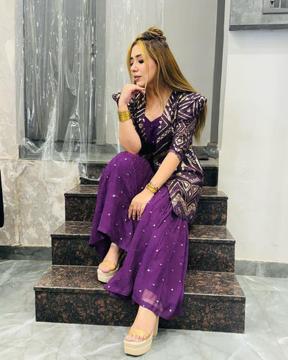 Beautiful Wine Color Georgette Sequence Work Party Wear Indo Western