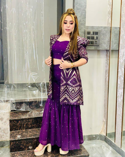 Beautiful Wine Color Georgette Sequence Work Party Wear Indo Western
