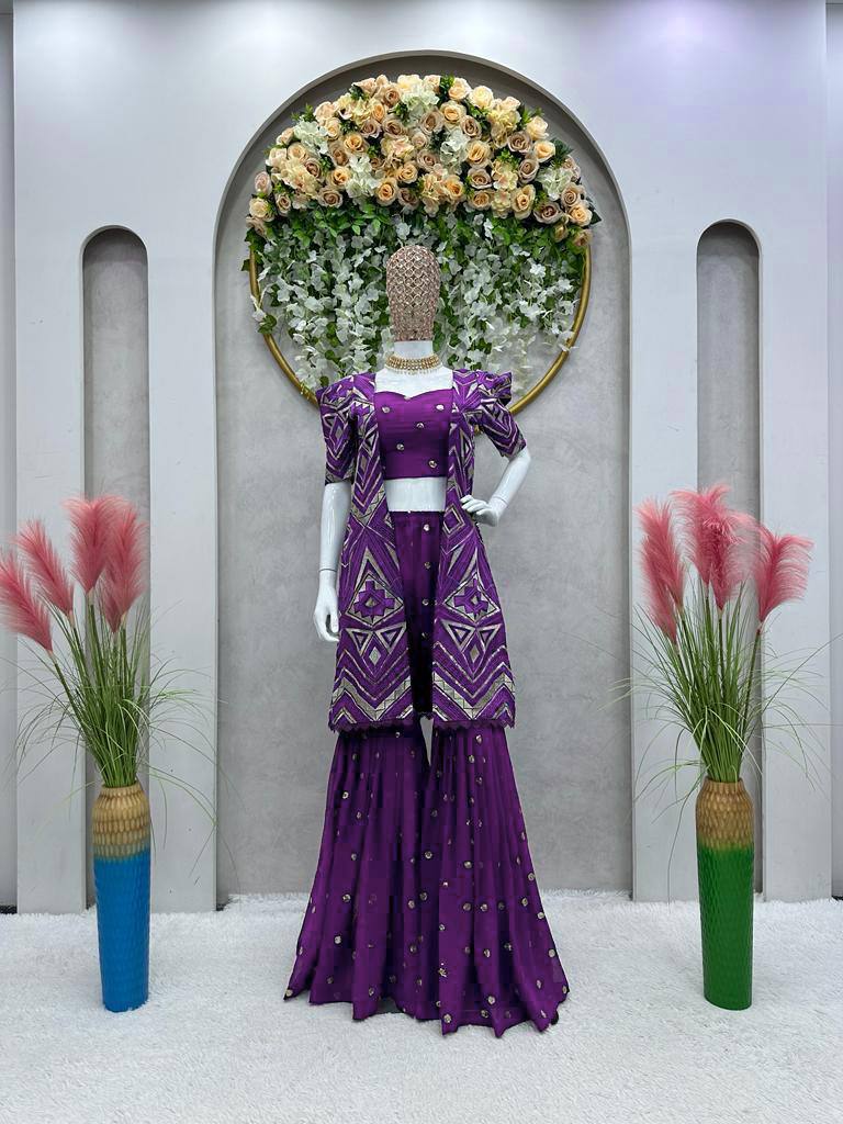 Beautiful Wine Color Georgette Sequence Work Party Wear Indo Western