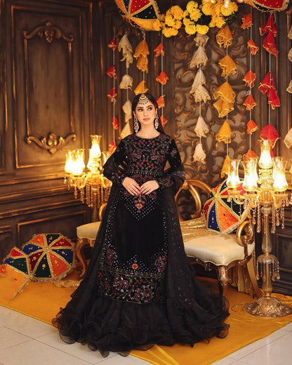 Amazing Black Color Viscos Velvet Sequence Thread Work Indo Western