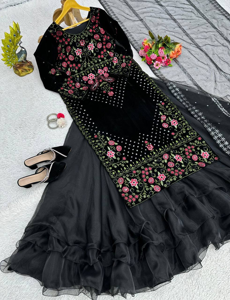 Amazing Black Color Viscos Velvet Sequence Thread Work Indo Western